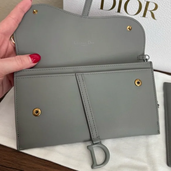 DIOR Ultra Matte Calfskin Leather Saddle Wallet on Chain in Grey - Picture 4 of 10